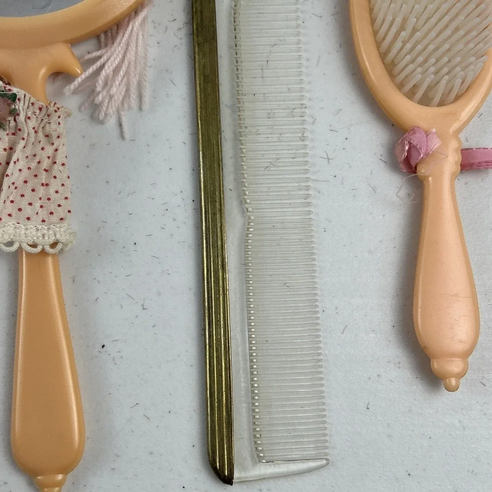Vintage Child's Doll Face Kitschy Hand Vanity Mirror, Comb, Brush Set